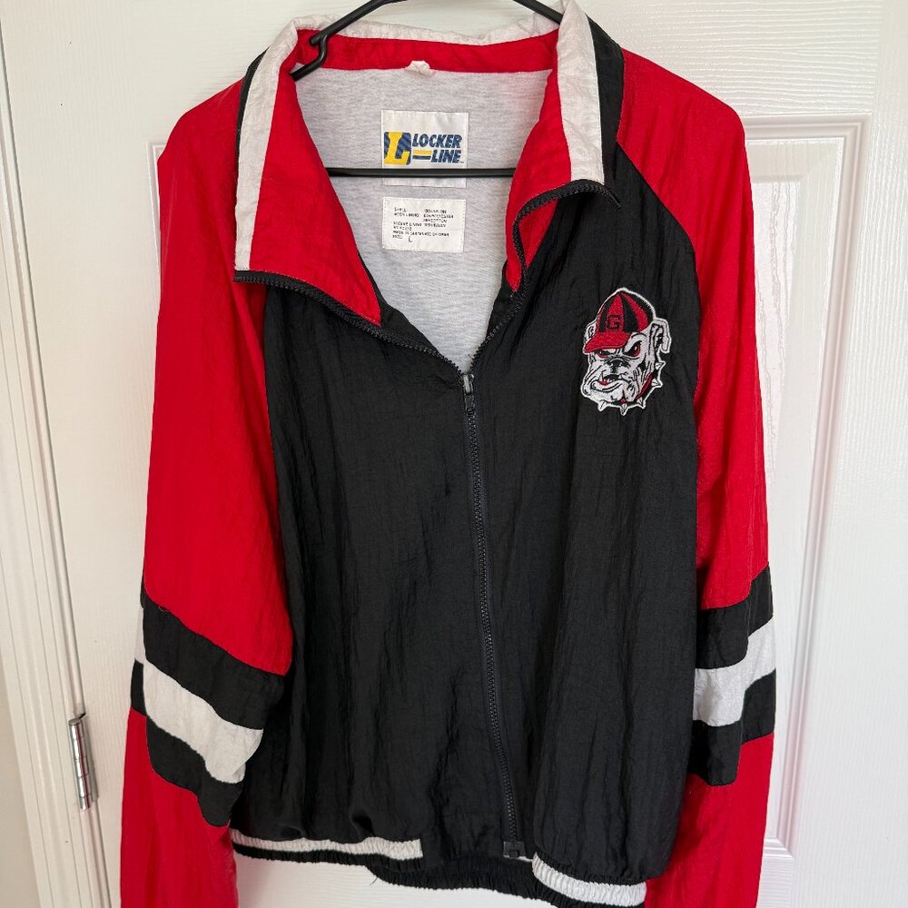 VINTAGE Georgia Bulldogs Mens Lined Windbreaker Jacket Red/Black Striped Large